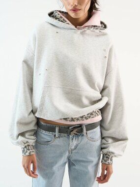 Scuffers Leo Grey Melange Cotton Hoodie With Leopard Trim in Size Large - NWT